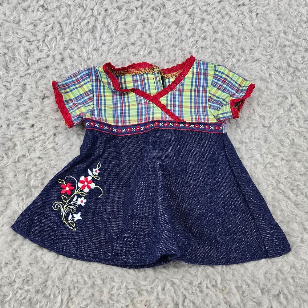 American Girl Bitty Baby Twins Dress Denim Plaid Jumper Floral Embroidery 15in